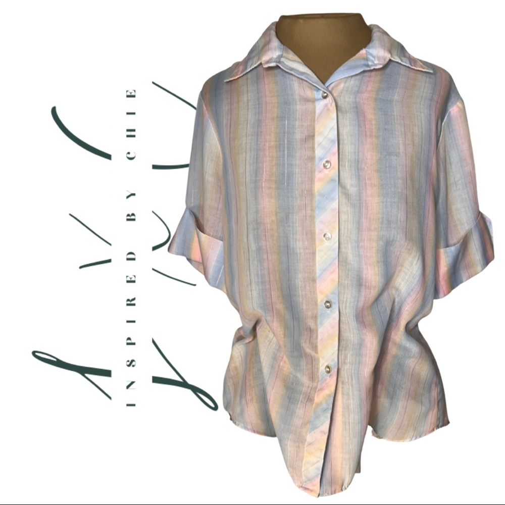 Vintage Pastel & Metallic Gold Thread Vertical Stripe Botton Down Blouse